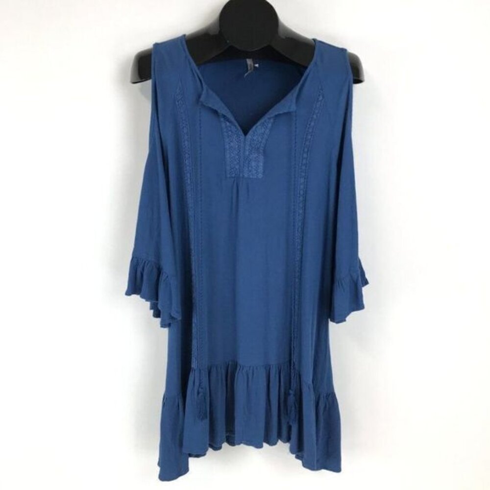 Mittoshop Cold Shoulder Ruffle Blouse Women's Medium Blue Crochet Lace Stretch